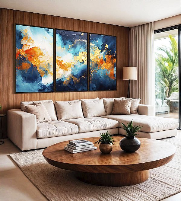 Trio de Quadros Abstrato Tons de Azul Branco Dourado Pouring Canvas Moldura
