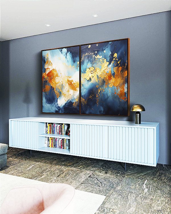 Duo de Quadros Abstrato Tons de Azul Branco Dourado Pouring Canvas Moldura