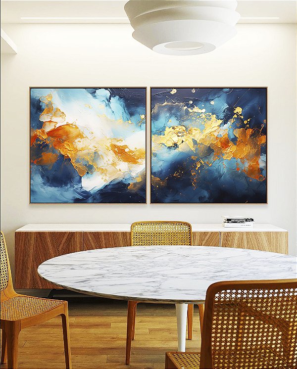 Duo de Quadros Quadrados Abstrato Tons de Azul Branco Dourado Pouring Canvas Moldura
