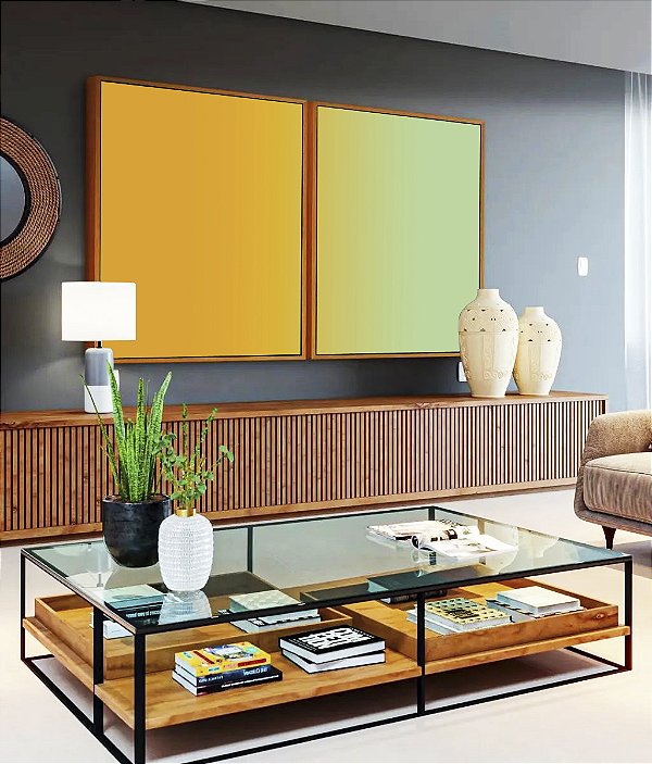 Duo de Quadros Abstrato Degradê Amarelo Ouro Verde Menta Canvas Moldura