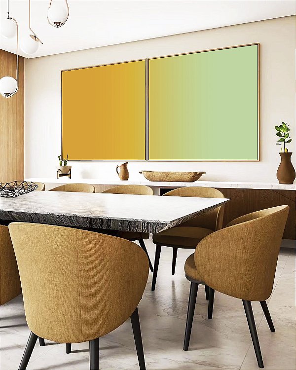 Duo de Quadros Quadrados Abstrato Degradê Amarelo Ouro Verde Menta Canvas Moldura