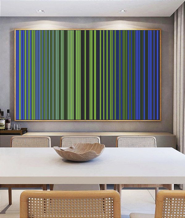 Quadro Horizontal Abstrato Degradê Listras Verde Esmeralda Azul Marinho Canvas Moldura