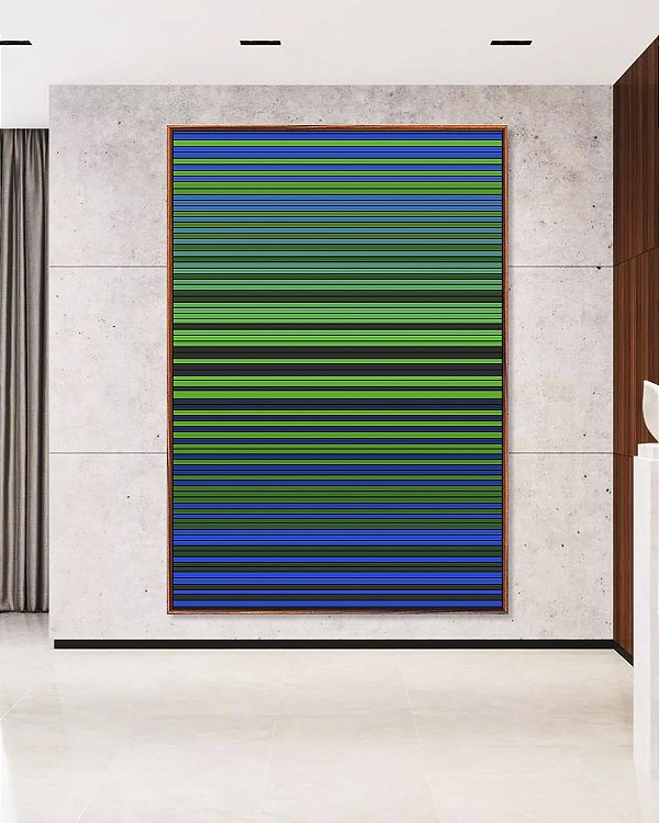Quadro Vertical Abstrato Degradê Listras Verde Esmeralda Azul Marinho Canvas Moldura