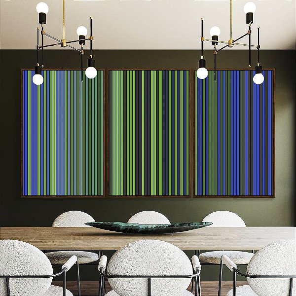 Trio de Quadros Abstrato Degradê Listras Verde Esmeralda Azul Marinho Canvas Moldura