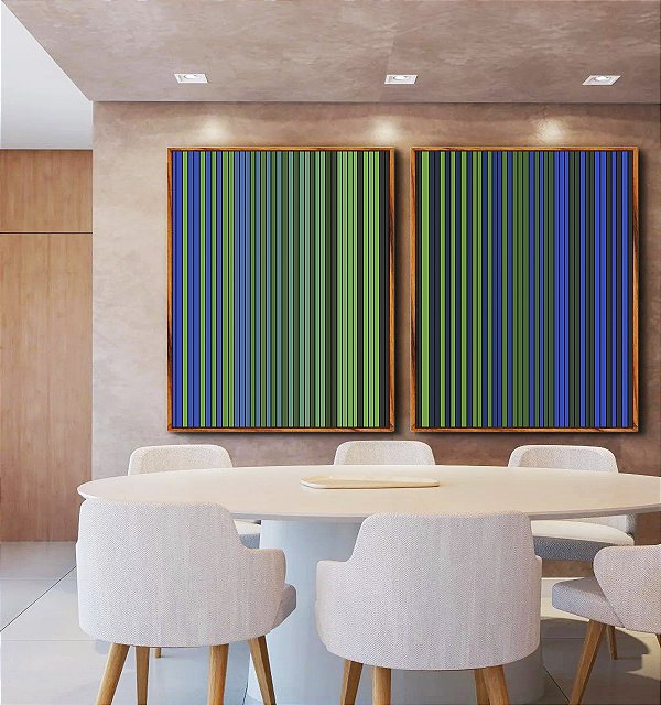 Duo de Quadros Abstrato Degradê Listras Verde Esmeralda Azul Marinho Canvas Moldura