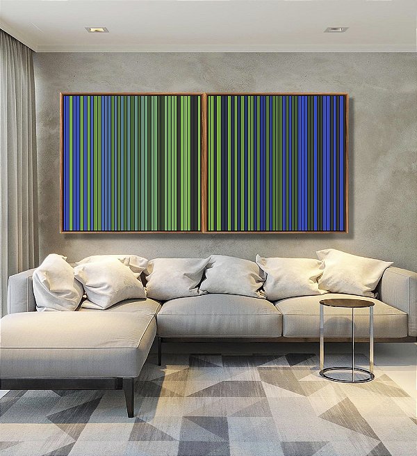 Duo de Quadros Quadrados Abstrato Degradê Listras Verde Esmeralda Azul Marinho Canvas Moldura
