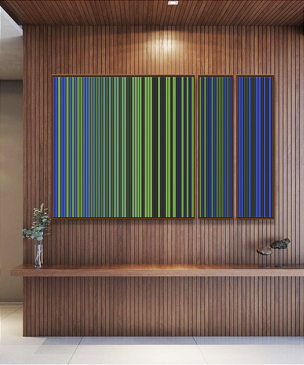Trio de Quadros Estilizados Abstrato Degradê Listras Verde Esmeralda Azul Marinho Canvas Moldura