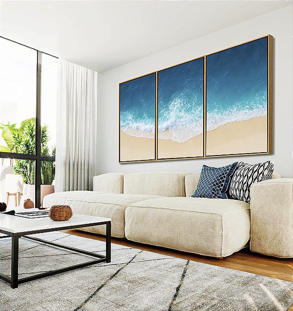 Trio de Quadros Mar Calmo Azul Intenso Praia Natureza Canvas Moldura
