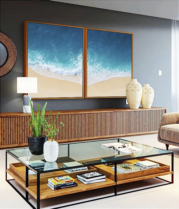Duo de Quadros Mar Calmo Azul Intenso Praia Natureza Canvas Moldura