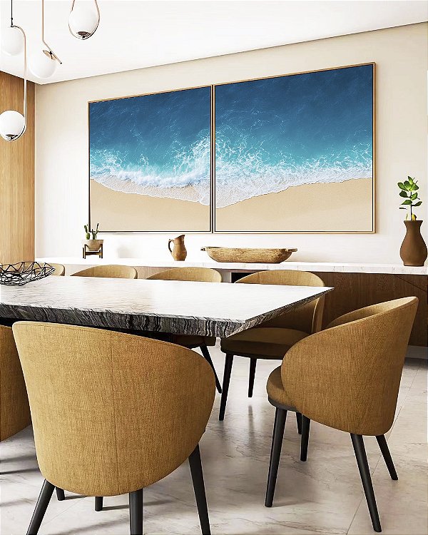 Duo de Quadros Quadrados Mar Calmo Azul Intenso Praia Natureza Canvas Moldura