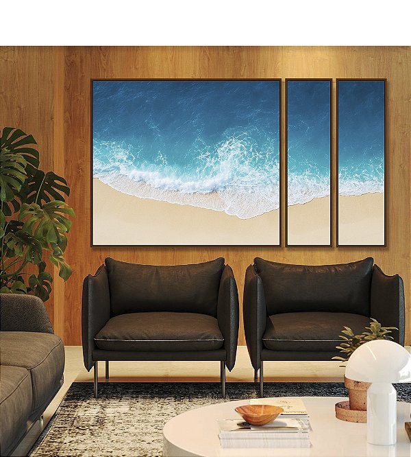 Trio de Quadros Estilizados Mar Calmo Azul Intenso Praia Natureza Canvas Moldura