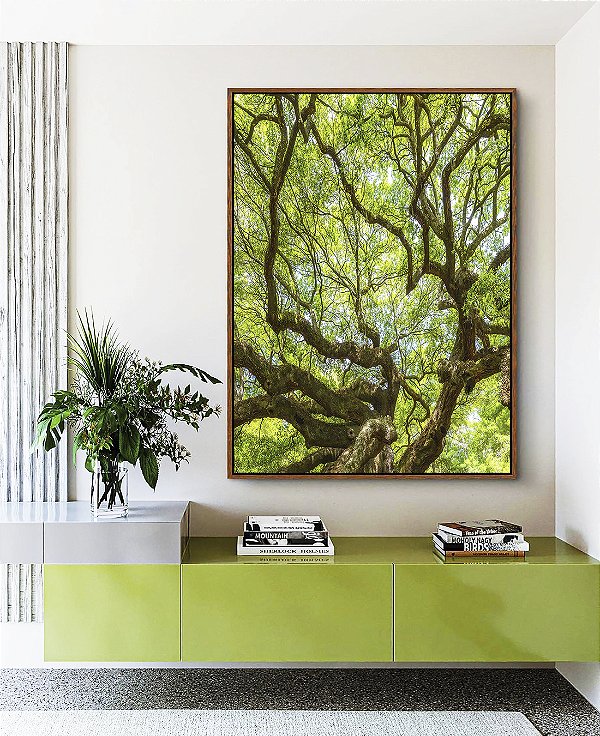 Quadro Vertical Copa de Árvore Galhos Folhas Verde Vivo Natureza Canvas Moldura