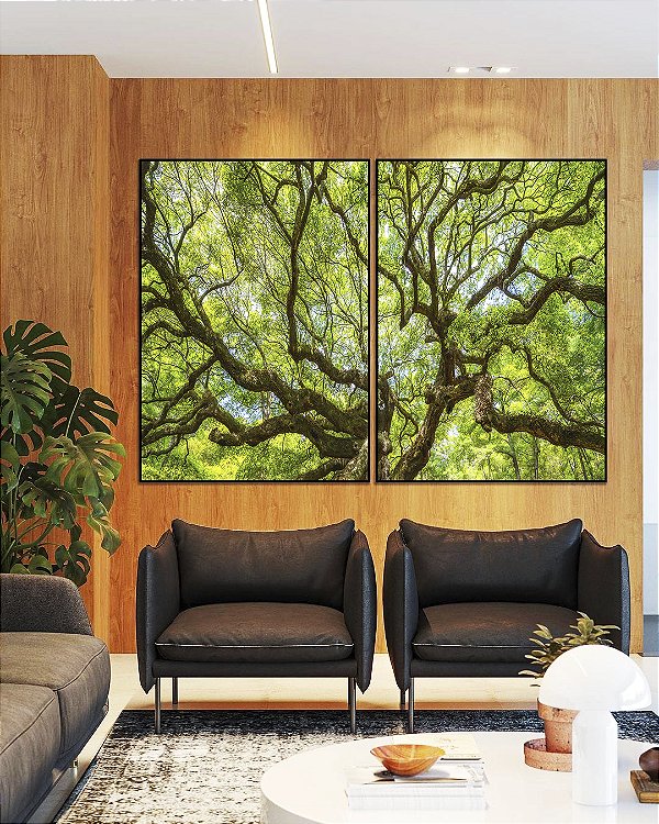 Duo de Quadros Copa de Árvore Galhos Folhas Verde Vivo Natureza Canvas Moldura