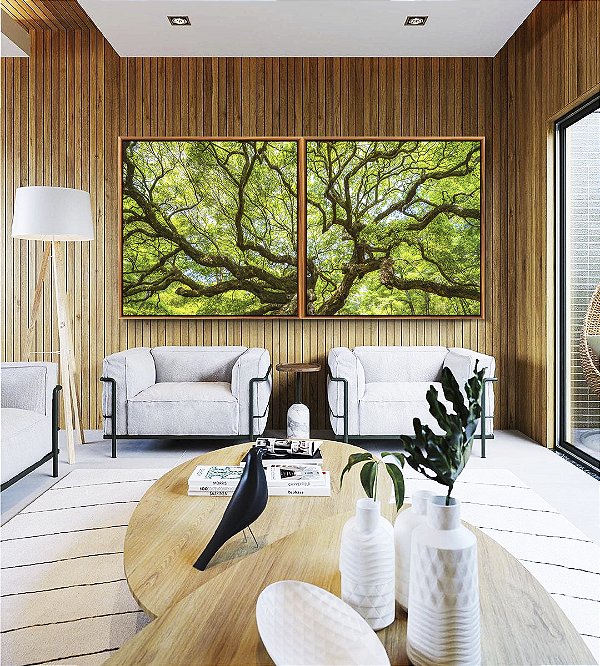 Duo de Quadros Quadrados Copa de Árvore Galhos Folhas Verde Vivo Natureza Canvas Moldura