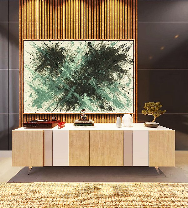 Quadro Horizontal Abstrato Verde Menta Cinza Chumbo Efeito Pintura Canvas Moldura