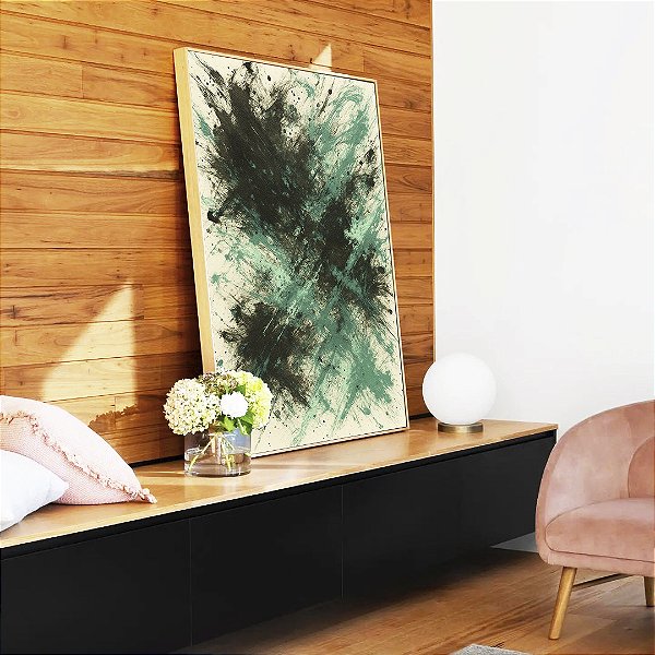 Quadro Vertical Abstrato Verde Menta Cinza Chumbo Efeito Pintura Canvas Moldura