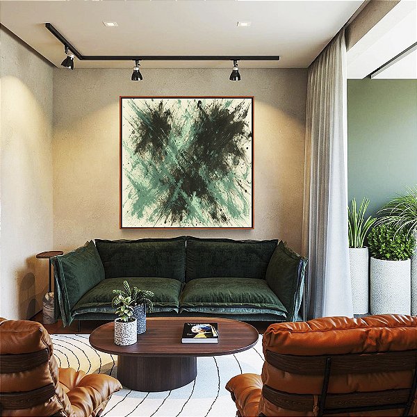 Quadro Quadrado Abstrato Verde Menta Cinza Chumbo Efeito Pintura Canvas Moldura