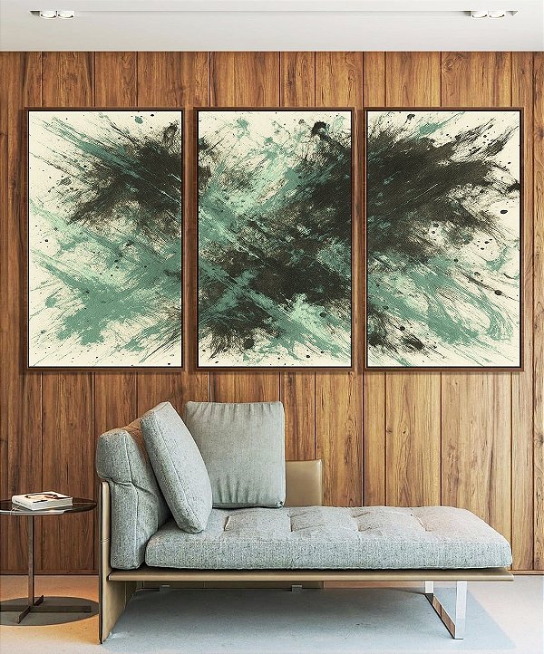 Trio de Quadros Abstrato Verde Menta Cinza Chumbo Efeito Pintura Canvas Moldura