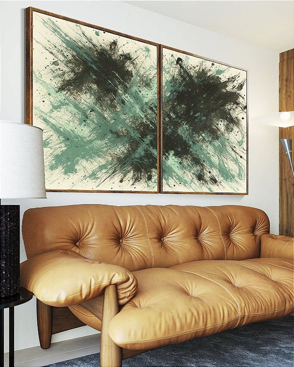 Duo de Quadros Abstrato Verde Menta Cinza Chumbo Efeito Pintura Canvas Moldura