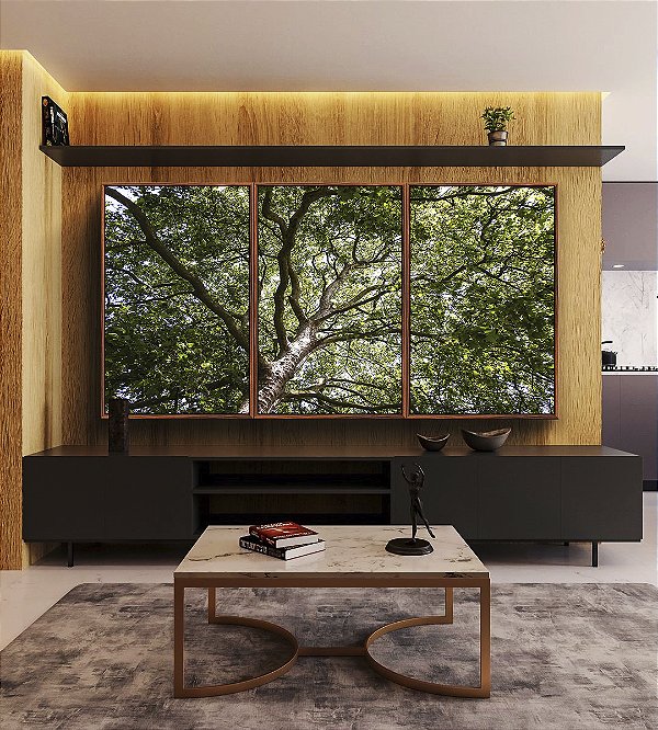 Trio de Quadros Floresta Copa de Árvore Folhas Verdes Natureza Canvas Moldura