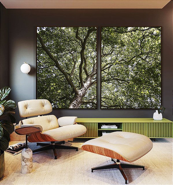 Duo de Quadros Floresta Copa de Árvore Folhas Verdes Natureza Canvas Moldura