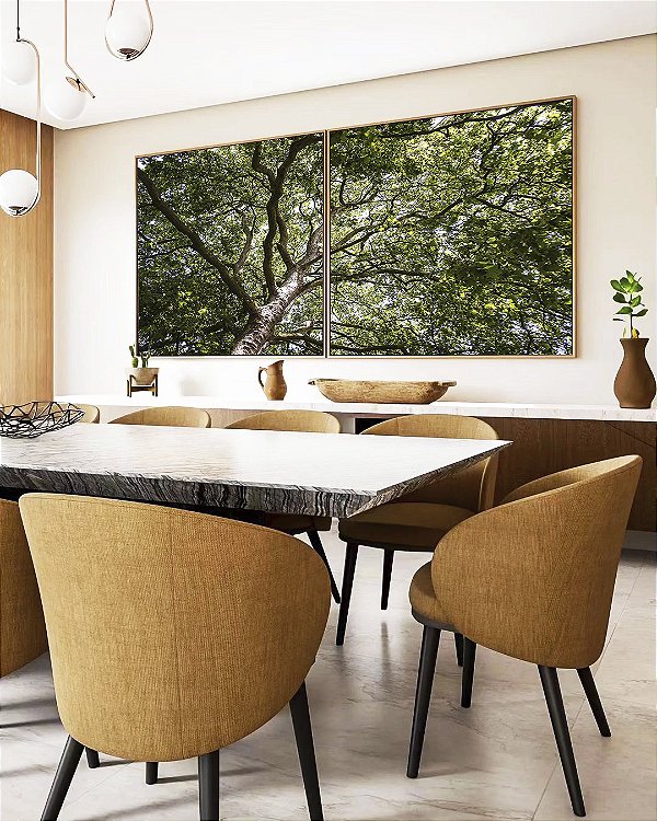 Duo de Quadros Quadrados Floresta Copa de Árvore Folhas Verdes Natureza Canvas Moldura