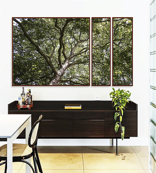 Trio de Quadros Estilizados Floresta Copa de Árvore Folhagem Canvas Moldura