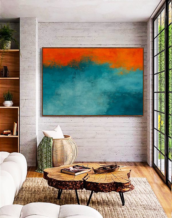 Quadro Horizontal Abstrato Laranja Tangerina Azul Petróleo Efeito Concreto Pintura Canvas Moldura