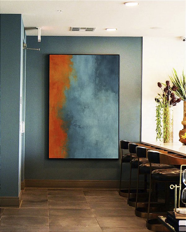 Quadro Vertical Abstrato Laranja Tangerina Azul Petróleo Efeito Concreto Pintura Canvas Moldura