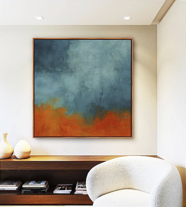 Quadro Quadrado Abstrato Laranja Tangerina Azul Petróleo Efeito Concreto Pintura Canvas Moldura