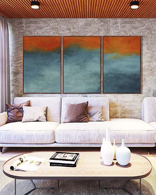 Trio de Quadros Abstrato Laranja Tangerina Azul Petróleo Efeito Concreto Pintura Canvas Moldura