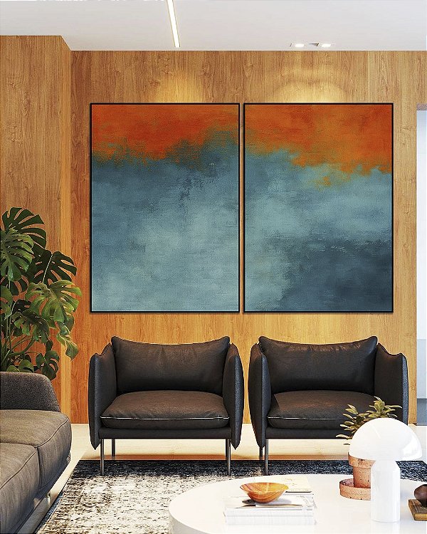 Duo de Quadros Abstrato Laranja Tangerina Azul Petróleo Efeito Concreto Pintura Canvas Moldura
