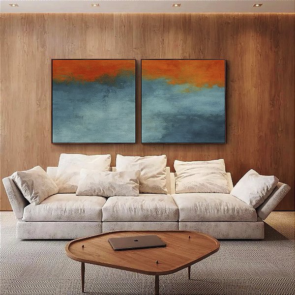 Duo de Quadros Quadrados Abstrato Laranja Tangerina Azul Petróleo Efeito Concreto Pintura Canvas Moldura