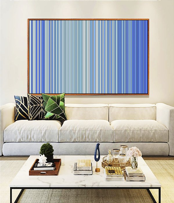 Quadro Horizontal Abstrato Degradê Listras Azul Bebê Azul Royal Canvas Moldura