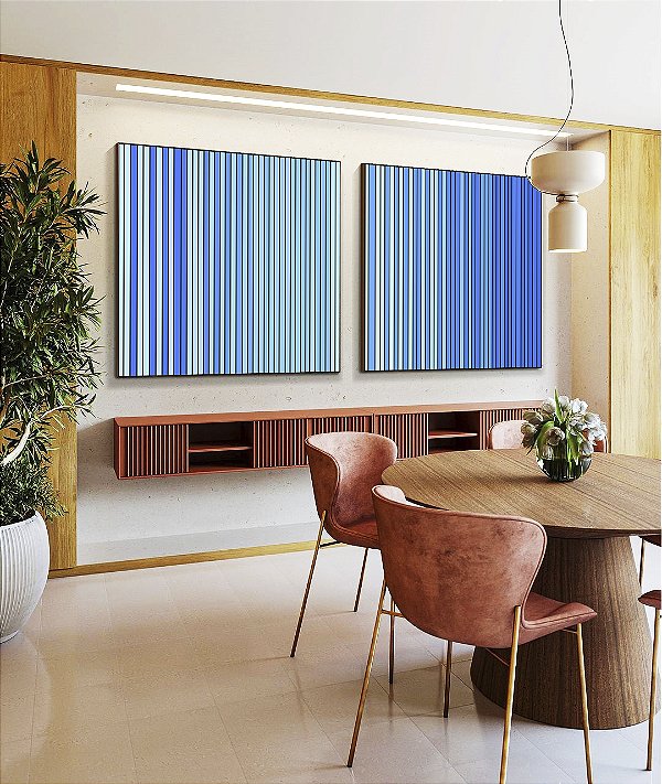 Duo de Quadros Quadrados Abstrato Degradê Listras Azul Bebê Azul Royal Canvas Moldura