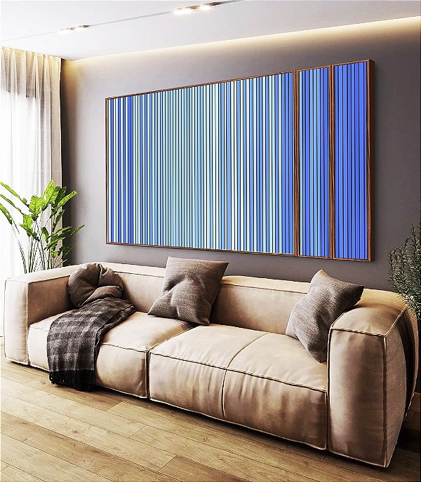 Trio de Quadros Estilizados Abstrato Degradê Listras Azul Bebê Azul Royal Canvas Moldura