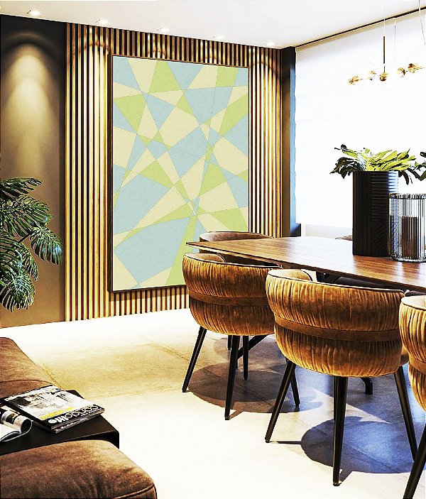 Quadro Vertical Abstrato Mosaico Azul Celeste Verde Menta Canvas Moldura