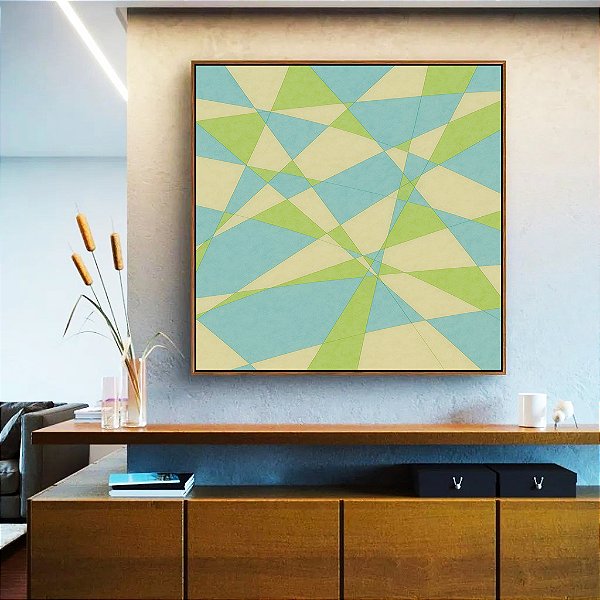 Quadro Quadrado Abstrato Mosaico Azul Celeste Verde Menta Canvas Moldura