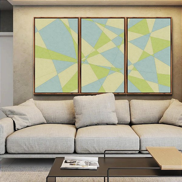 Trio de Quadros Abstrato Mosaico Azul Celeste Verde Menta Canvas Moldura
