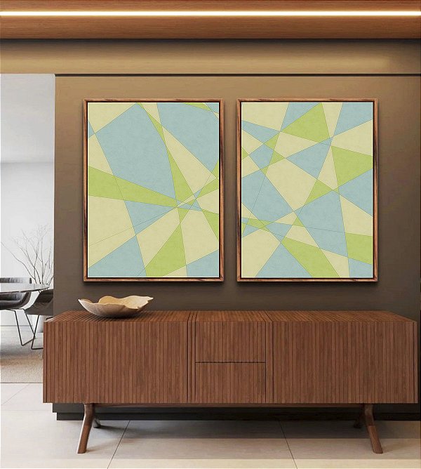 Duo de Quadros Abstrato Mosaico Azul Celeste Verde Menta Canvas Moldura