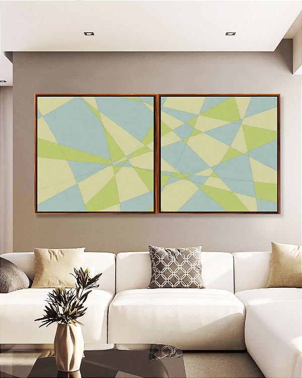 Duo de Quadros Quadrados Abstrato Mosaico Azul Celeste Verde Menta Canvas Moldura