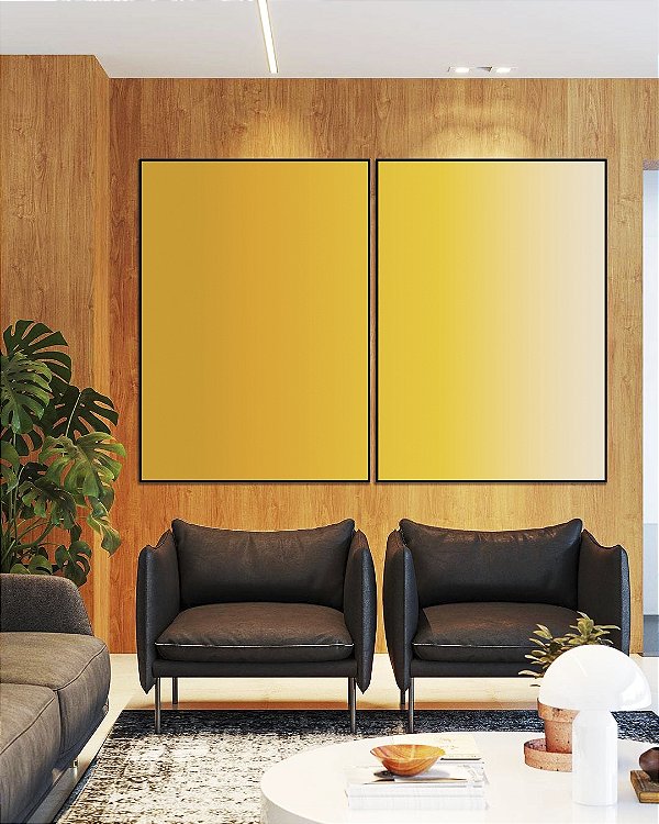 Duo de Quadros Abstrato Degradê Amarelo Ouro e Areia Canvas Moldura