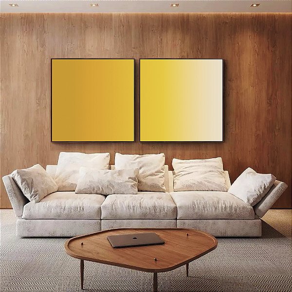 Duo de Quadros Quadrados Abstrato Degradê Amarelo Ouro e Areia Canvas Moldura