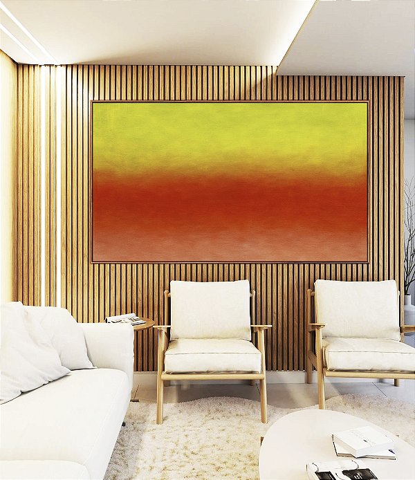 Quadro Horizontal Abstrato Degradê Verde Limão Laranja Tangerina Canvas Moldura
