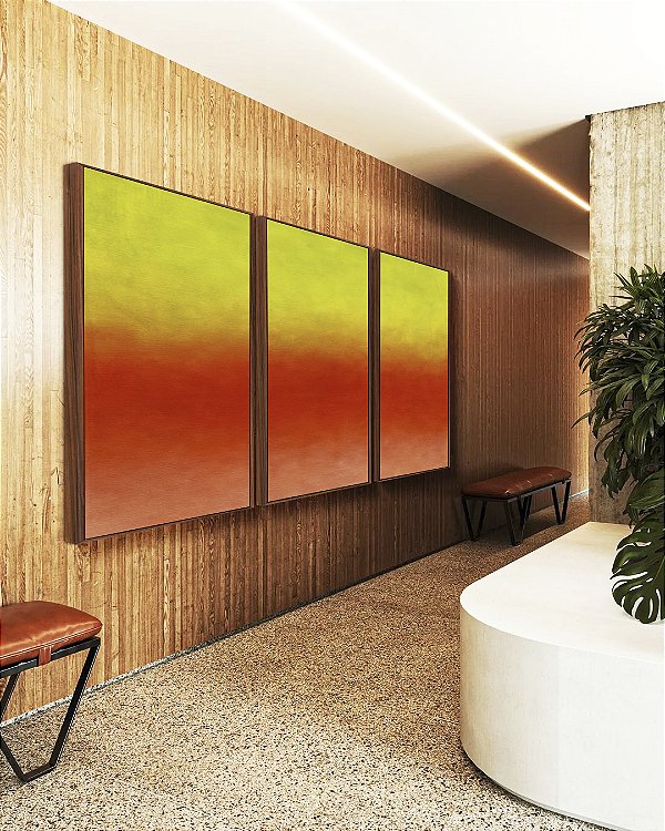 Trio de Quadros Abstrato Degradê Verde Limão Laranja Tangerina Canvas Moldura