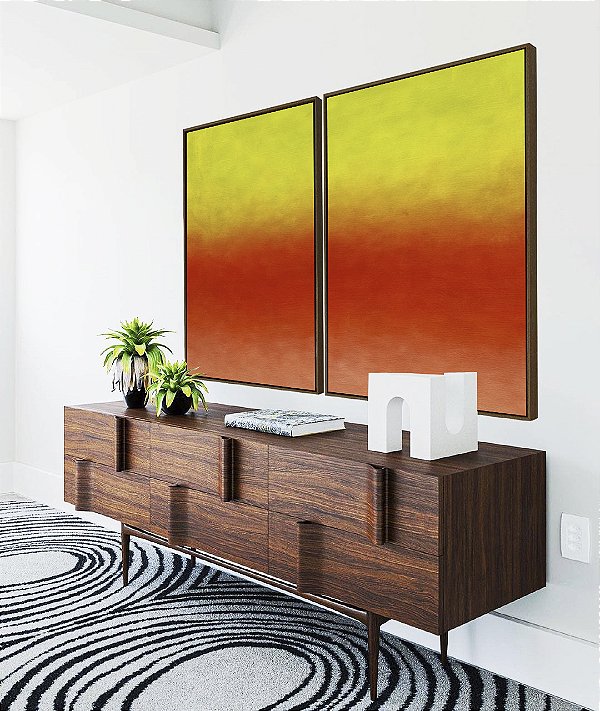 Duo de Quadros Abstrato Degradê Verde Limão Laranja Tangerina Canvas Moldura