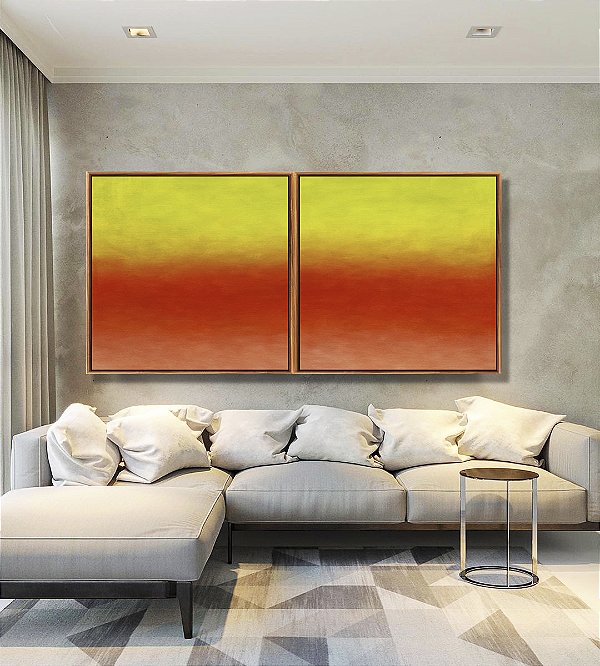 Duo de Quadros Quadrados Abstrato Degradê Verde Limão Laranja Tangerina Canvas Moldura