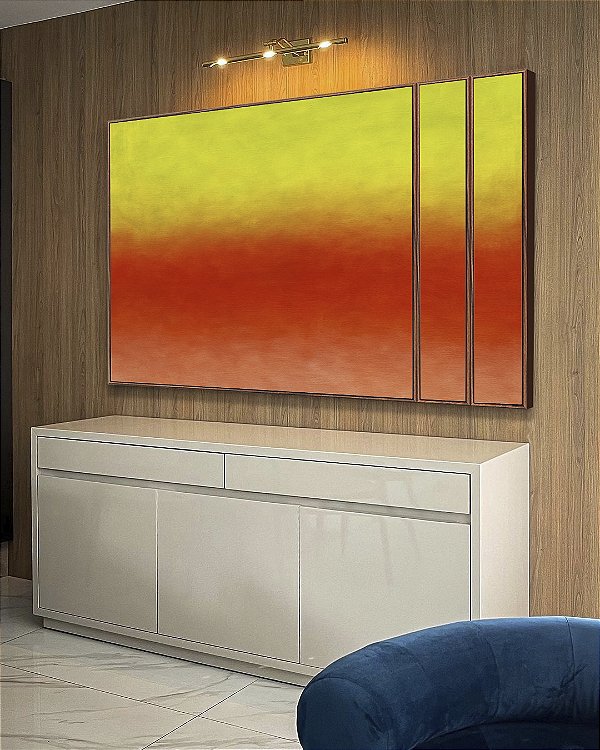 Trio de Quadros Estilizados Abstrato Degradê Verde Limão Laranja Tangerina Canvas Moldura