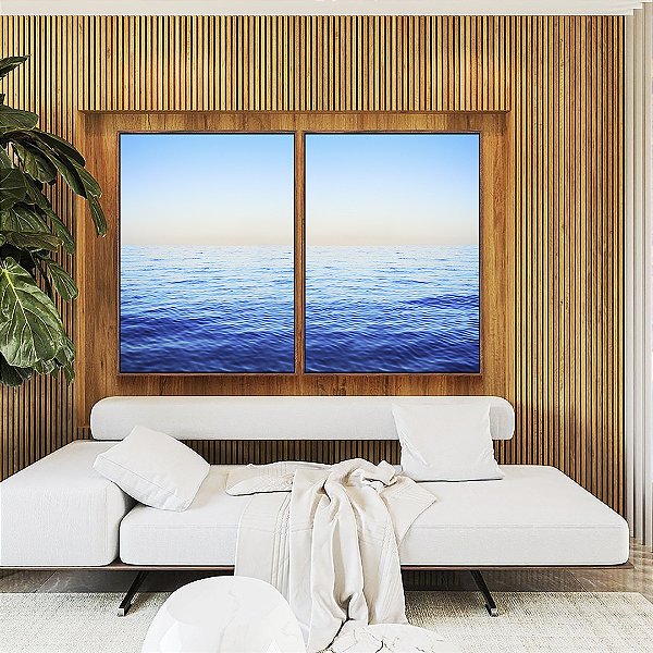 Duo de Quadros Mar Calmo Azul e Céu Claro Natureza Canvas Moldura