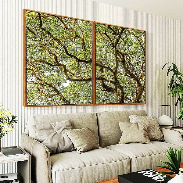 Duo de Quadros Copa de Árvore com Galhos e Folhas Natureza Paisagem Canvas Moldura